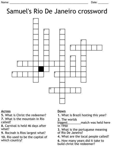 We found one answer for the crossword clue Rio de janeiro. If you haven't solved the crossword clue Rio de janeiro yet try to search our Crossword Dictionary by entering the letters you already know! (Enter a dot for each missing letters, e.g. “P.ZZ..” will find “PUZZLE”.) Also look at the related clues for crossword clues with similar ...